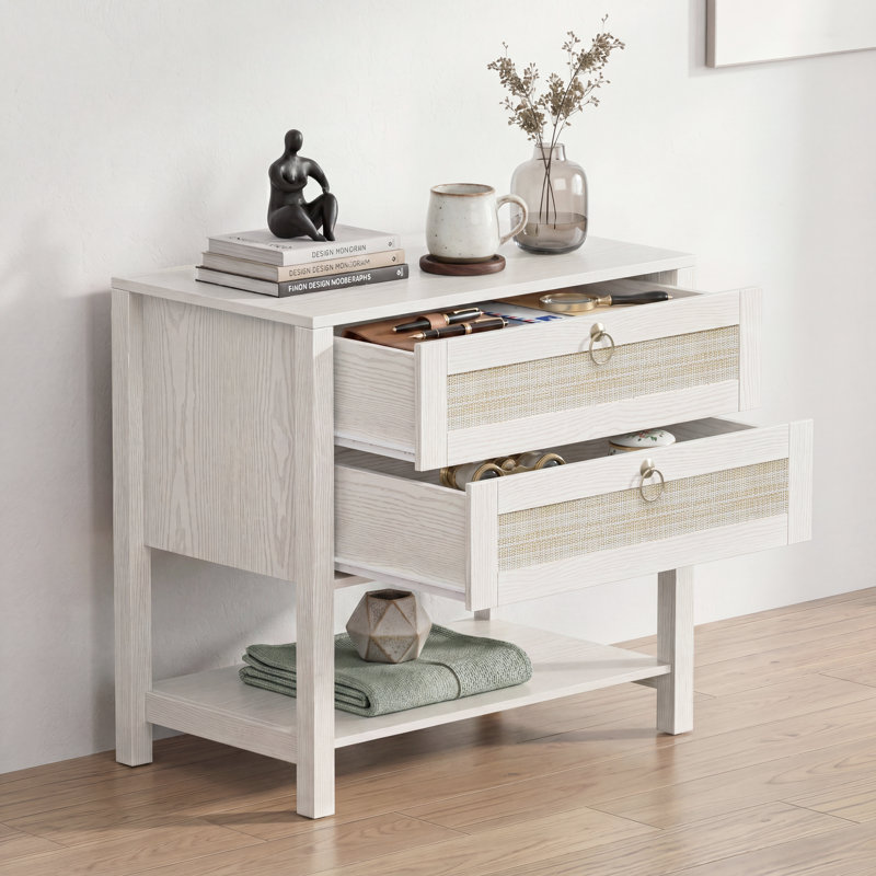 Table de chevet 26 po avec table de chargement et table de chevet à 2 tiroirs avec tablette ouverte, Blanc
