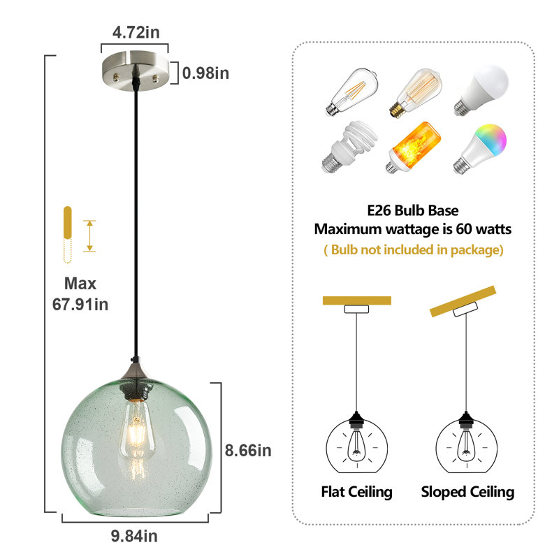 Luminaire suspendu en forme de globe à 3 lumières Charolyn Luminaire suspendu en verre pour îlot de cuisine, Vert clair