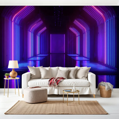 Papier peint adhésif, rendu 3D, bleu, rose, violet, néon, lumière abstraite, boîte de nuit, chambre vide, papier autocollant amovible, décoration murale pour salon, chambre à coucher H 69 po x l 96 po