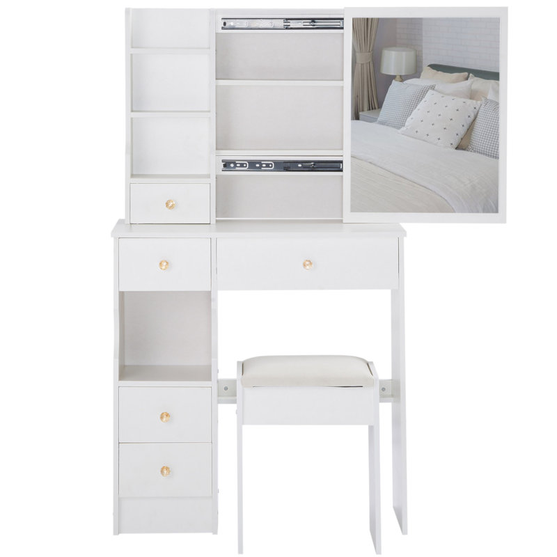 Petit meuble-lavabo de 29,2 po avec tabouret de bureau et tabouret rembourré, très grand miroir coulissant à droite, rangement multi-couches à grande capacité, commode pratique et pratique, convient aux petits espaces