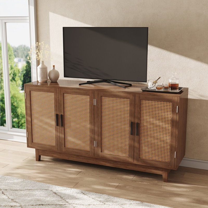 57.7''W Modern 4 Door Wood Rattan Buffet Sideboard Storage Cabinet, Walnut