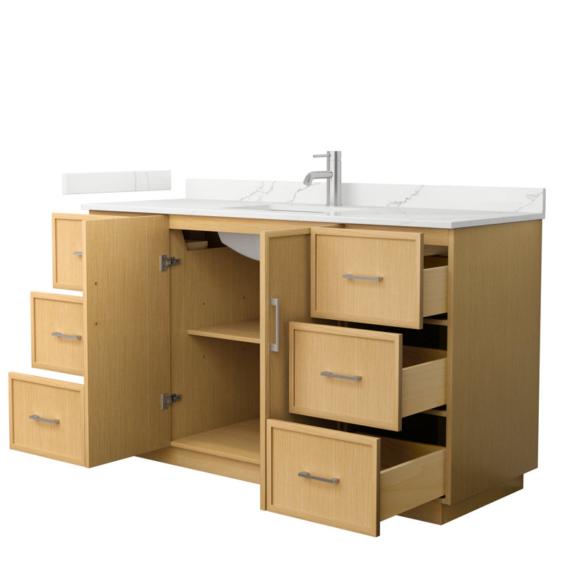 Elan TK 60" Freestanding Single Bathroom Vanity with Quartz Top, Brushed Nickel, Giotto Quartz, Light Oak