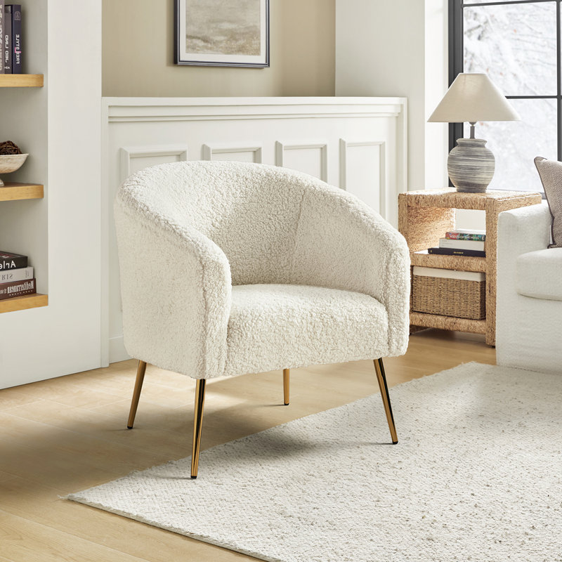 Dawson Boucle Barrel Chair With Metal Legs, Ivory 100% Polyester