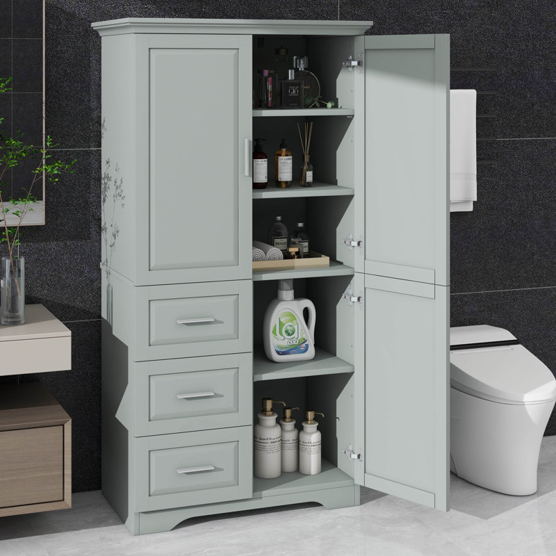 Armoire de rangement spacieuse et haute avec portes, convenant à la salle de bain / bureau, comprenant trois tiroirs, Gris