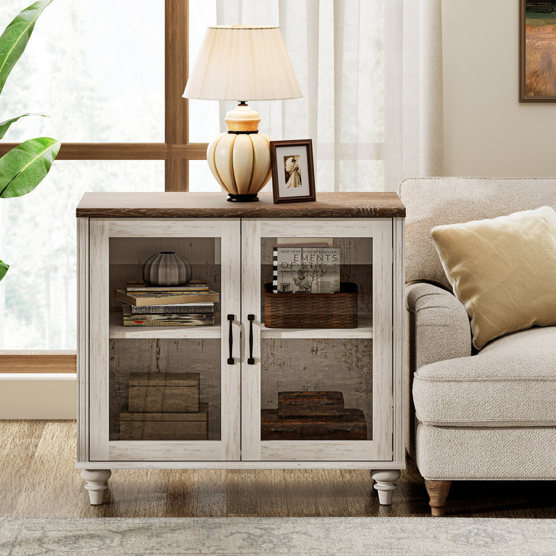 Scarlett Sideboard Cabinet With Bar Hutch, Buffet Cabinet With 2 Glass Doors, Rustic White/Brown