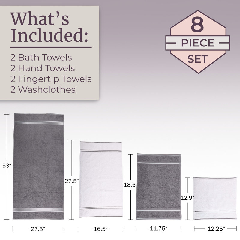 8PC Towel Set - 575GSM 100% Cotton Bathroom Essentials with 2 Bath Towels, 2 Hand Towels, 2 Washcloths, and 2 Fingertip cloths- Absorbent Sheets for Bath, Gym, Dorm and Spa by Lavish Home 
