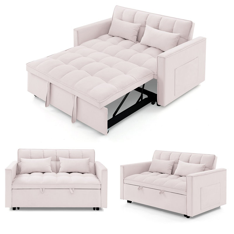 Causeuse convertible Jashlyn, Velours rose, H 31,5 po x l 53 po x P 35 po