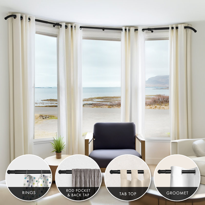 Hrishaan Adjustable Bay Window Single Curtain Rod, Black