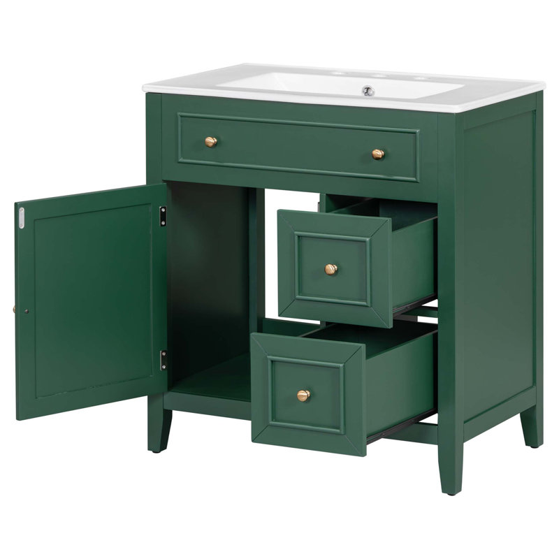 Meuble-lavabo 30 po avec comptoir, meuble-lavabo avec porte et deux tiroirs, structure en bois massif, un paquet, vert