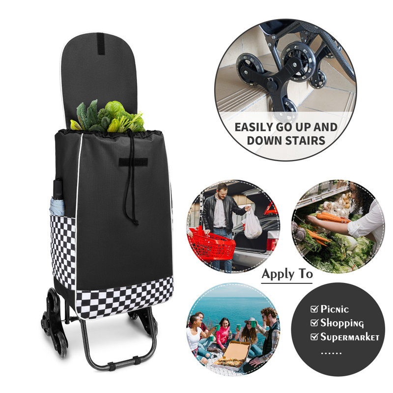 Large 6 Wheels Folding Lightweight Waterproof Shopping Trolley Mobility Stair Climb Cart Bag, Black