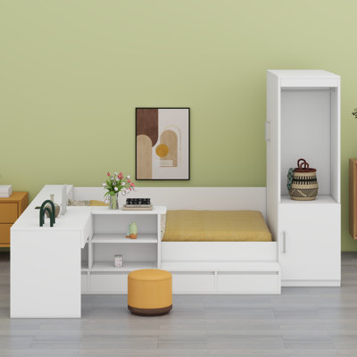 Wooden Platform Bed With Drawers, Shelves, Desk And Wardrobe