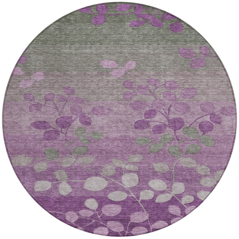 Tapis d'intérieur rond lavable floral mauve et gris 8 pi
