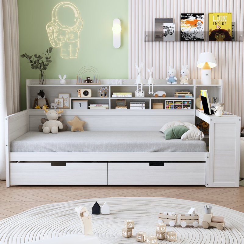 Wooden Twin Size Daybed with Storage, Drawers, and Desk, Antique White