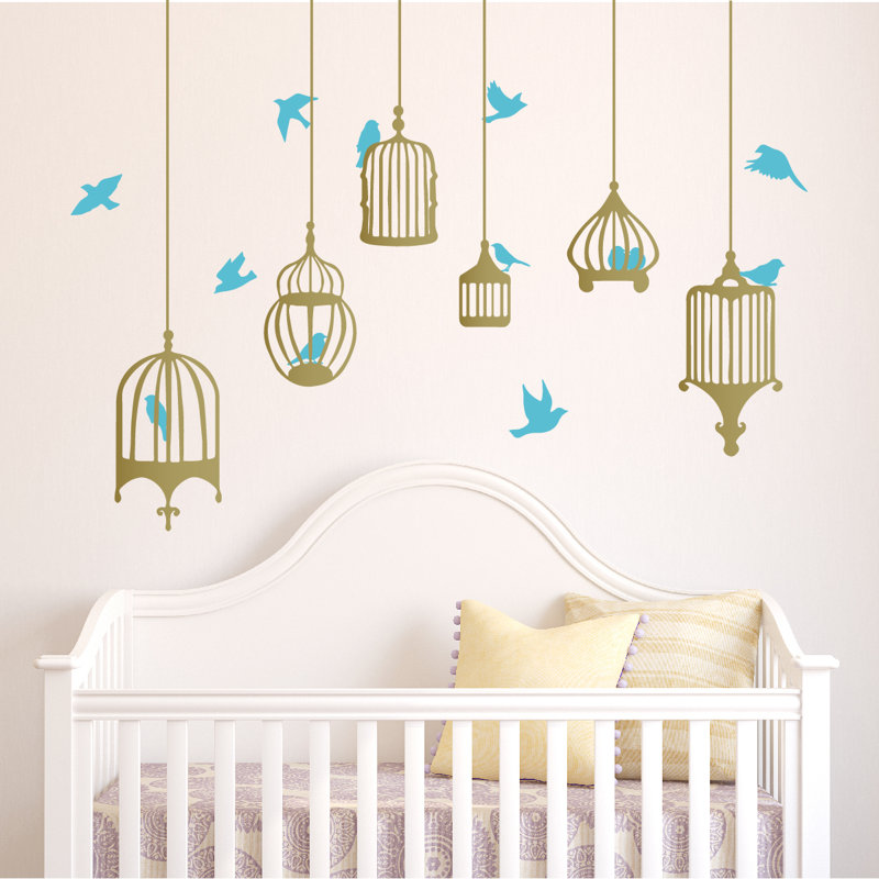 Décalcomanie murale galores oiseau, H 48 po x l 58 po x p 0,01 po, Bleu / doré
