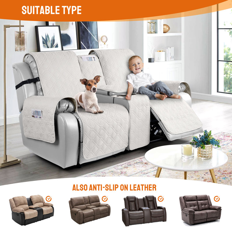 Wildee Waterproof Non-Slip Recliner loveseat Couch Cover With Console, White