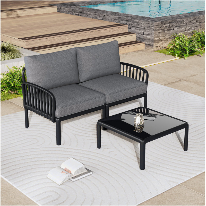 Ensemble de conversation pour patio 3 pièces, ensemble de mobilier modulaire d'extérieur moderne avec table basse carrée, siège épais à coussin épais pour porche et balcon