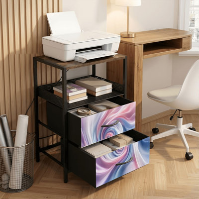 2 Drawers Nightstand with Charging Station, Bedroom Nightstand with USB Ports, Outlets Open Shelf Black, night stand with Abstract Pastel Swirl Design Soft Pink Blue Tones Print