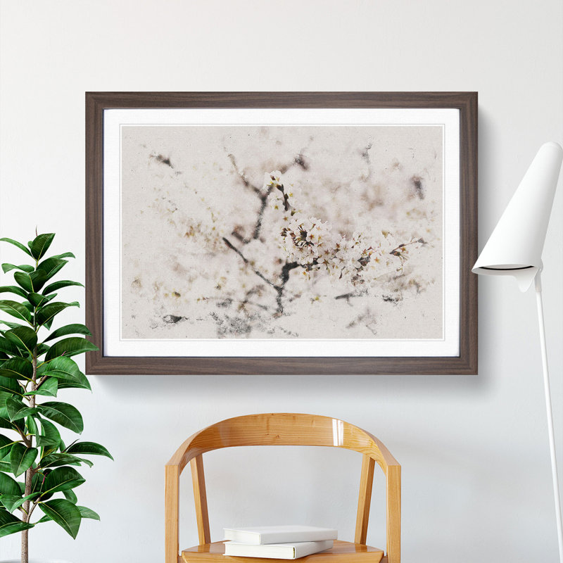 Pink Cherry Blossom Flowers Vol.7 - Picture Frame Graphic Art, Walnut Framed, 65cm H x 90cm W x 2cm D