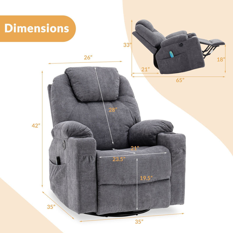 Nafees Upholstered Heated Massage Chair, Grey Polyester Blend