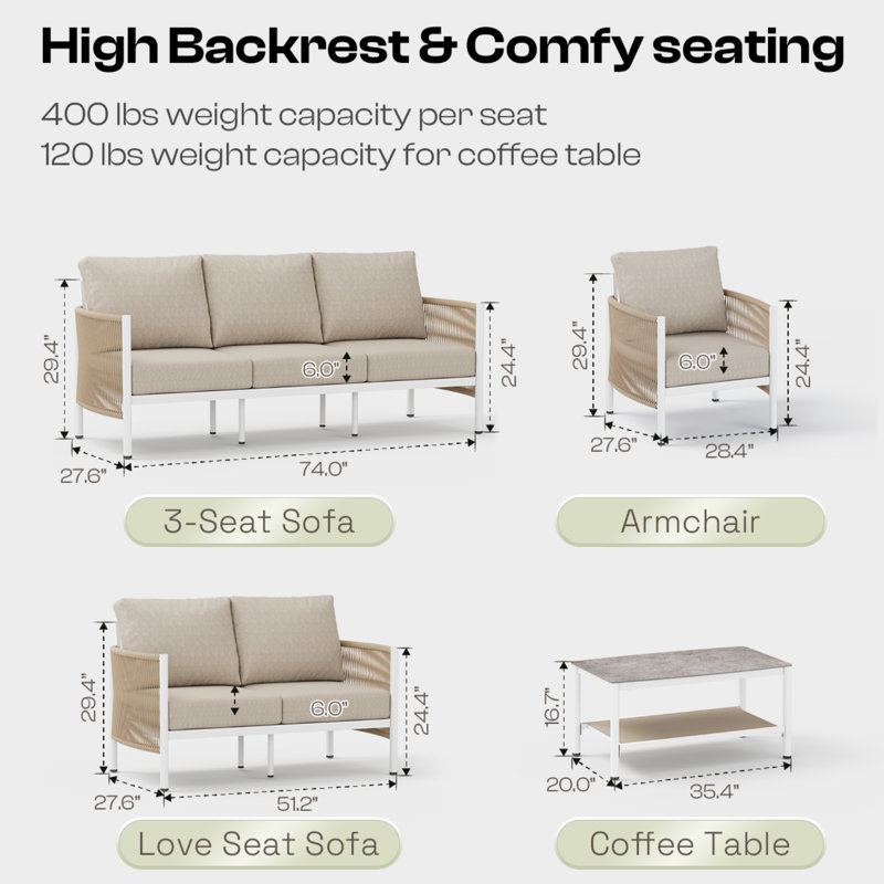 Boho 51" Aluminum Outdoor Loveseat sofa with 6" Thick Cushions, Rust-Resistant Frame & Handwoven HDPE Design, Beige/White