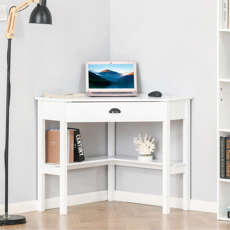 Bureau d'angle, bureau d'ordinateur triangulaire avec tiroir et tablettes de rangement pour petits espaces, poste de travail de bureau personnel
