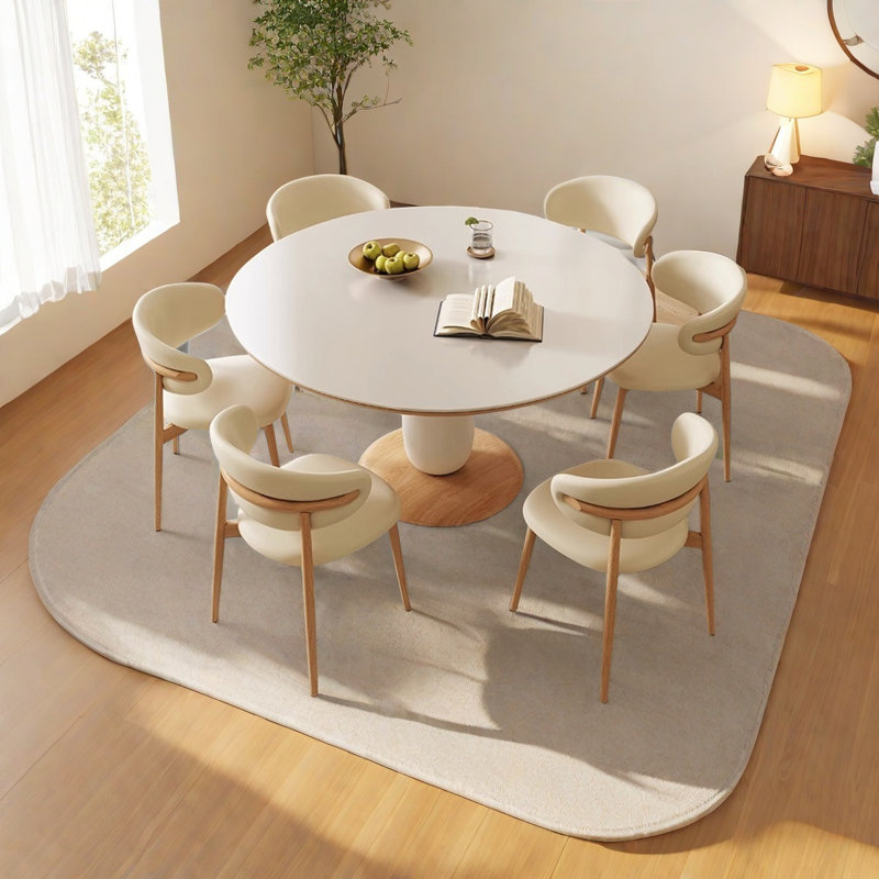 Creamy Round Dining Table with Wooden Accent, 29.5"H x 43.3"L x 43.3"W