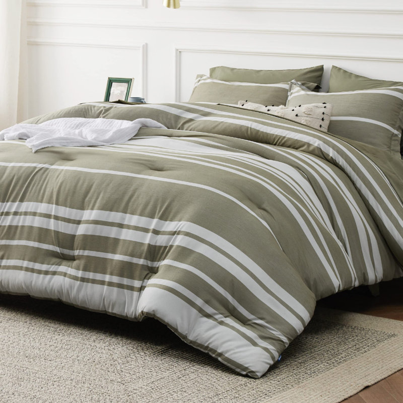 Bedsure Striped All Season Comforter Set, Full Comforter + 6 Additional Pieces, Olive Green