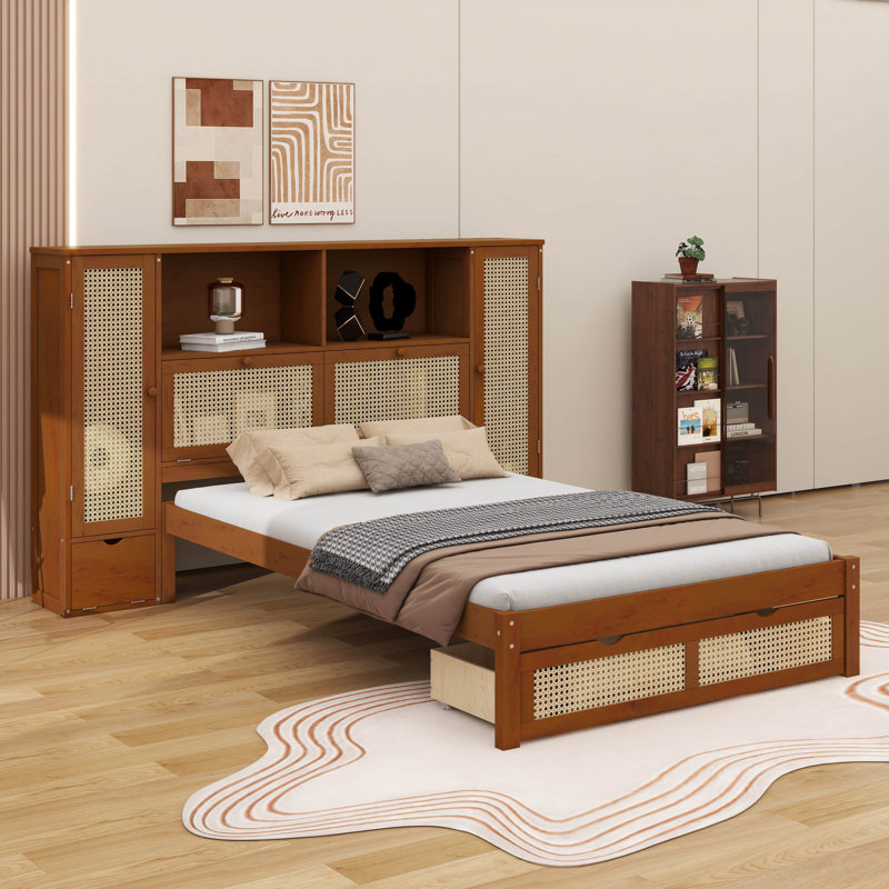 Lit simple en bois avec casiers de rangement doubles, tiroir et tablette de tête de lit, Noyer