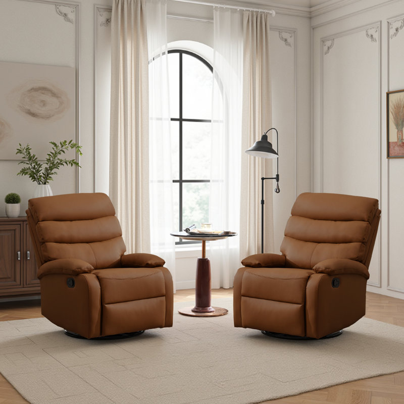  Top Grain Genuine Leather Recliner, Small Swivel Rocker Recliner Chair,manual Recliner Chair For Living Room, Bedroom, Home Theater,rv-Brown