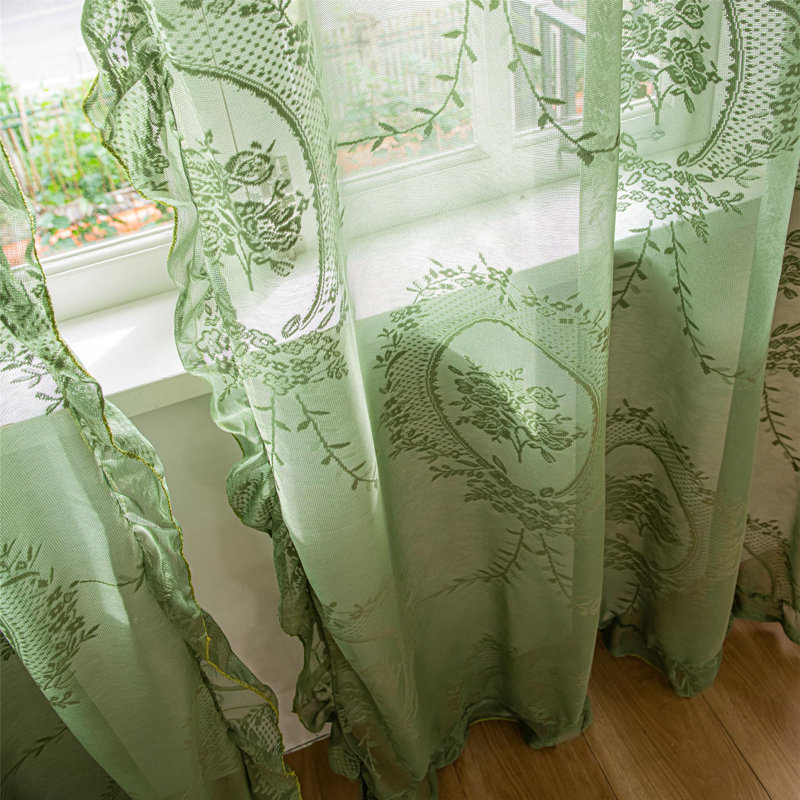 Green Lace Curtains 84 Inches Long 2 Panels Set,Sheer Florals Scallop Ruffle, Vintage Window Treatment Pair Bohemian Christmas Decor Drapes,Olive