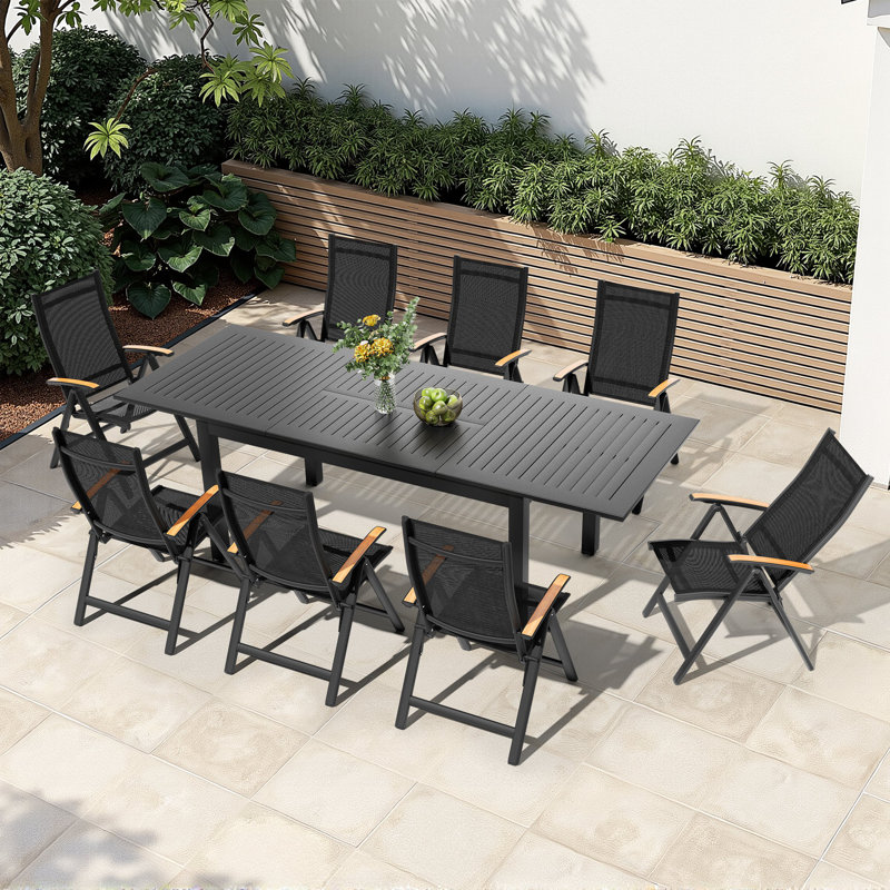 8-person 94.49'' L X 35.43'' W Patio Aluminum Dining Set with Extendable Rectangular Table and Folded Reclining Armchairs