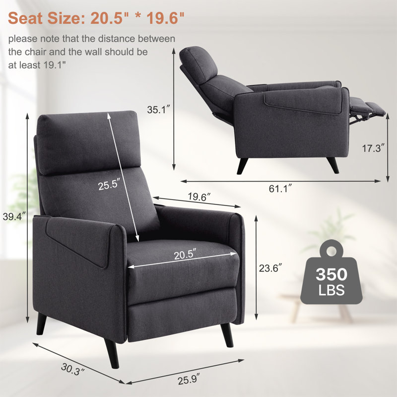 26" Wide Adjustable Single Recliner Upholstered Recliner Sofa Soft Touch Fabric Chair With Thick Cusion And Backrest, Manual Pushback Chair For All Ages