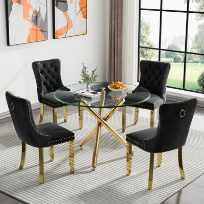 36" Round Glass Dining Table Set for 4, Modern Circle Dining Room Table Set for 4, X-Shape Pedestal Glass Table with 4pcs Dining Chairs, 5 Piece Kitchen Dining Set