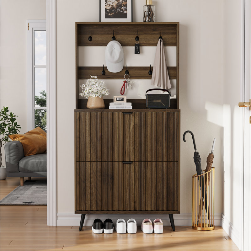Shoe Storage with Hanging Storage for Clothes and Bags,Entryway Freestanding Slim Shoe Cabinet, Style A