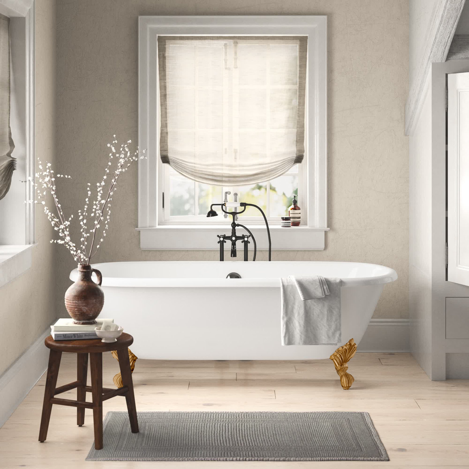 Kristin 70" Clawfoot Cast Iron Bathtub, White, Continuous Rolled Rim - No Faucet Holes, Brushed Nickel Feet