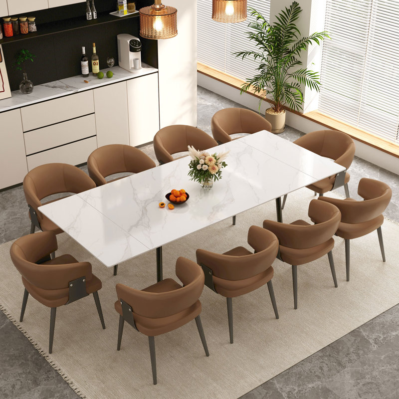 Ensemble de table et de salle à manger extensible en pierre frittée blanche, 11 pièces: table, 10 chaises, Brun
