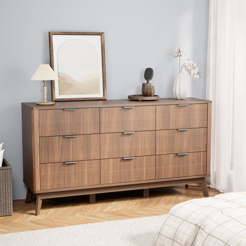 Fluted 9 Drawers Dresser, 59''w 9 Drawers Brown