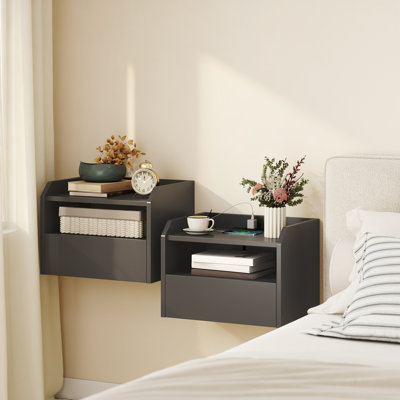 Set of 2 Floating Nightstand w/ Charging Station Bedside Table Black