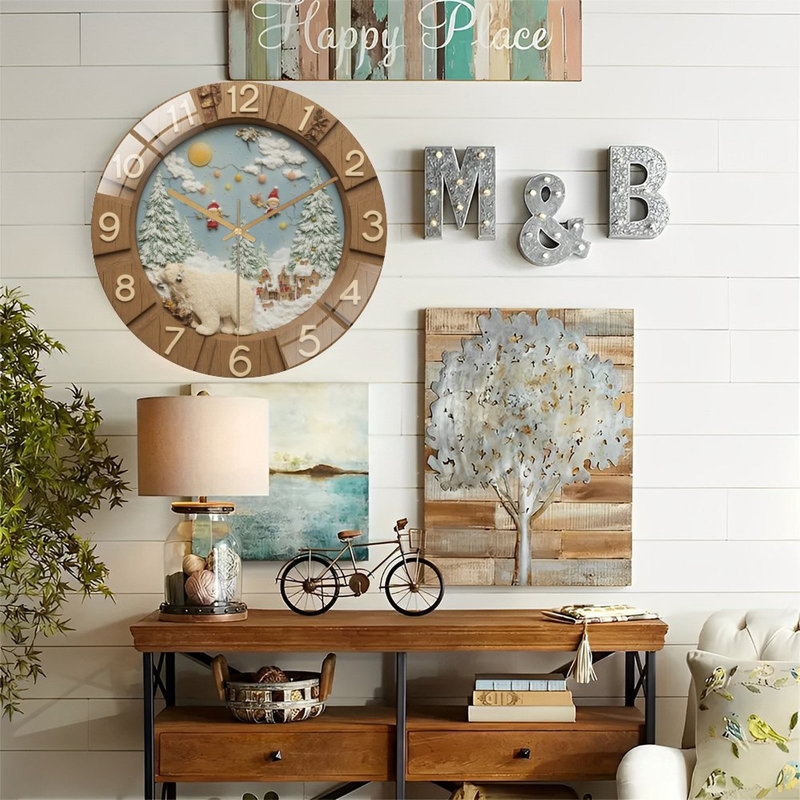 Horloge-Hiver-Scène-Ours polaire-Elfes - Horloge murale moderne en verre 12 po