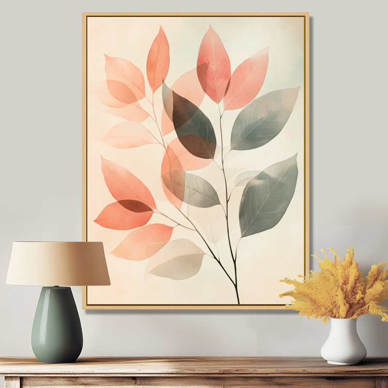 Décoration murale moderne Blush, feuilles botaniques au printemps III - gris, H 44 po x l 34 po, Cadre naturel flottant