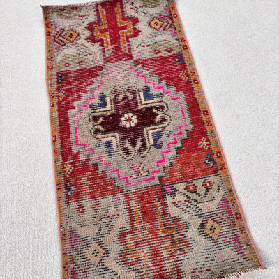 17.7x34.6 Inch Red Wool Patchwork Rug, Traditional Small Rug