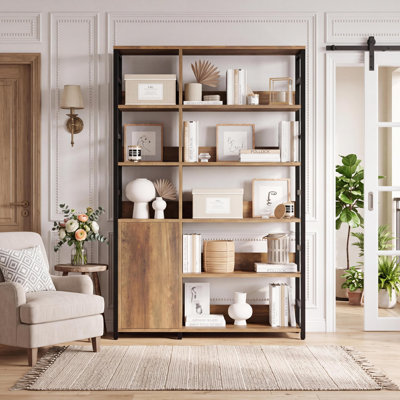 71" Industrial Bookshelf with Doors, Tall Display Rack with Metal Frame & Adjustable Shelf, Modern Storage Cabinet for Living Room, Brown
