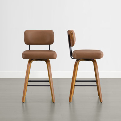 Tabouret de comptoir pivotant rembourré avec structure en bois cintré noyer