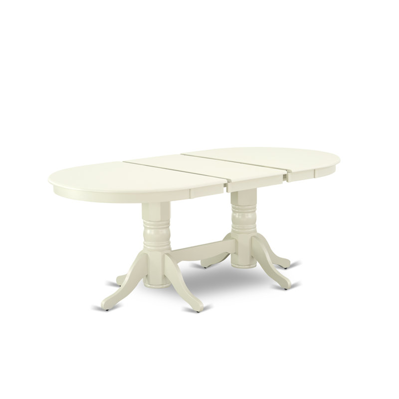 7 Piece Kitchen Table & Chairs Set Consist of an Oval Wooden Table with Butterfly Leaf and 6 Baby Blue Linen Fabric Parsons Chairs, Linen White