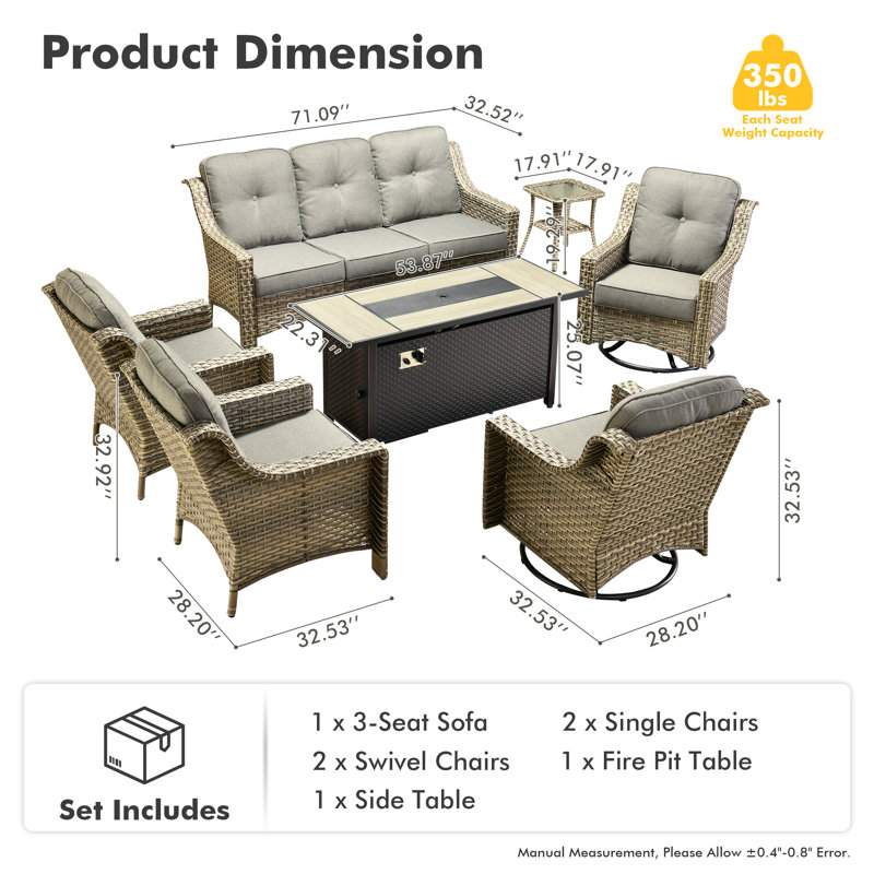 7 - Person Wicker Outdoor Conversation Set, Patio Sofa & Swivel Chair Set with Fire Pit and Cushions, Gray