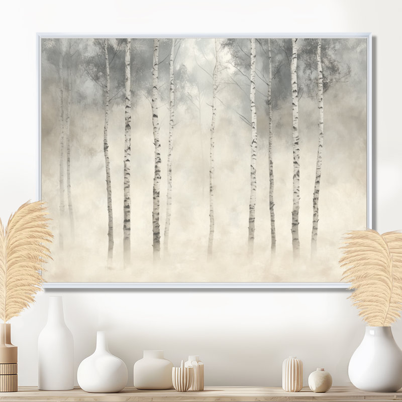 Nordic Birch Forest Calm I - art mural botanique gris, H 24 po x l 32 po, Cadre flottant blanc