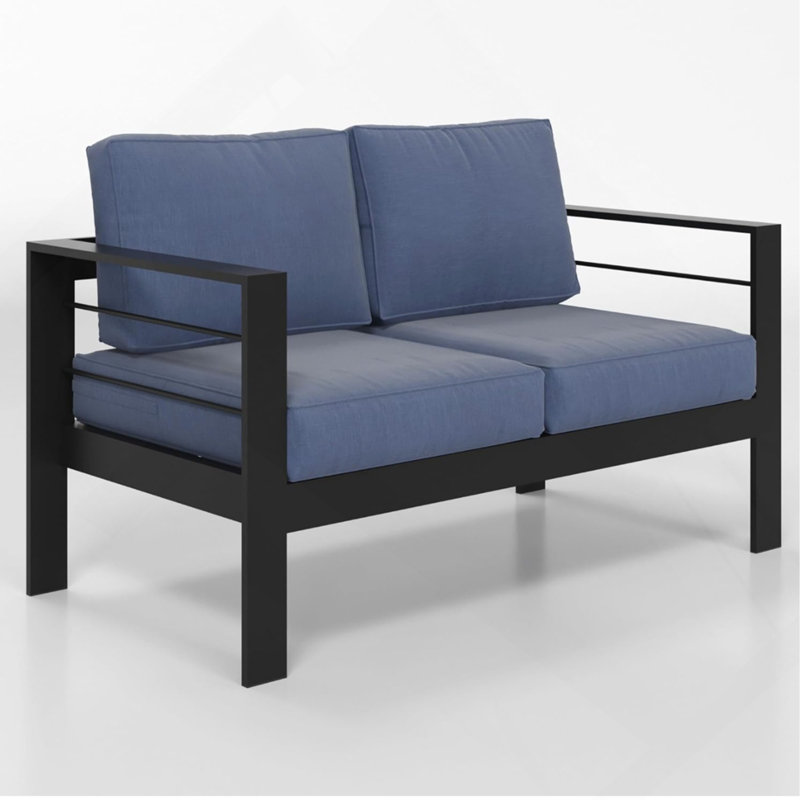 50" All-Weather Aluminum Patio Loveseat With Thick Blue Cushions & Black Frame, Blue, Black