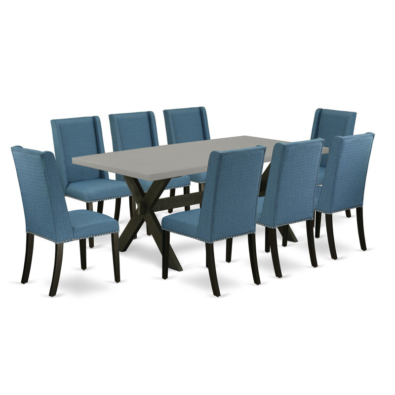 Ensemble de table de salle à manger 9 pièces moderne comprenant une table de salle à manger rectangulaire avec pieds en X et 8 chaises Parsons en tissu bleu, finition noire brossée