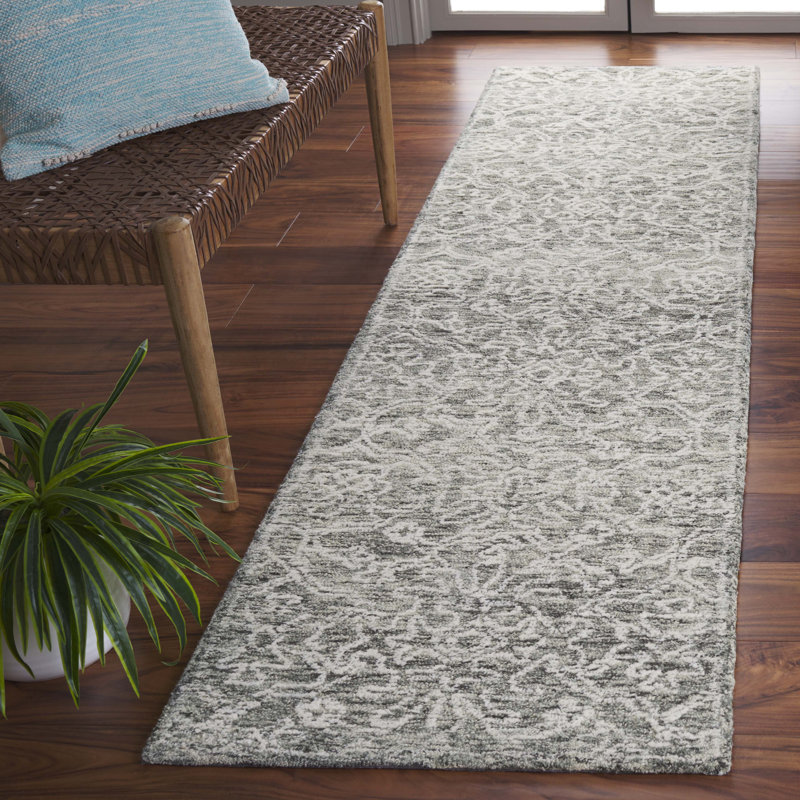 Tapis damassé en coton gris / ivoire Ranod, Tapis de couloir 2 pi 3 po x 9 pi