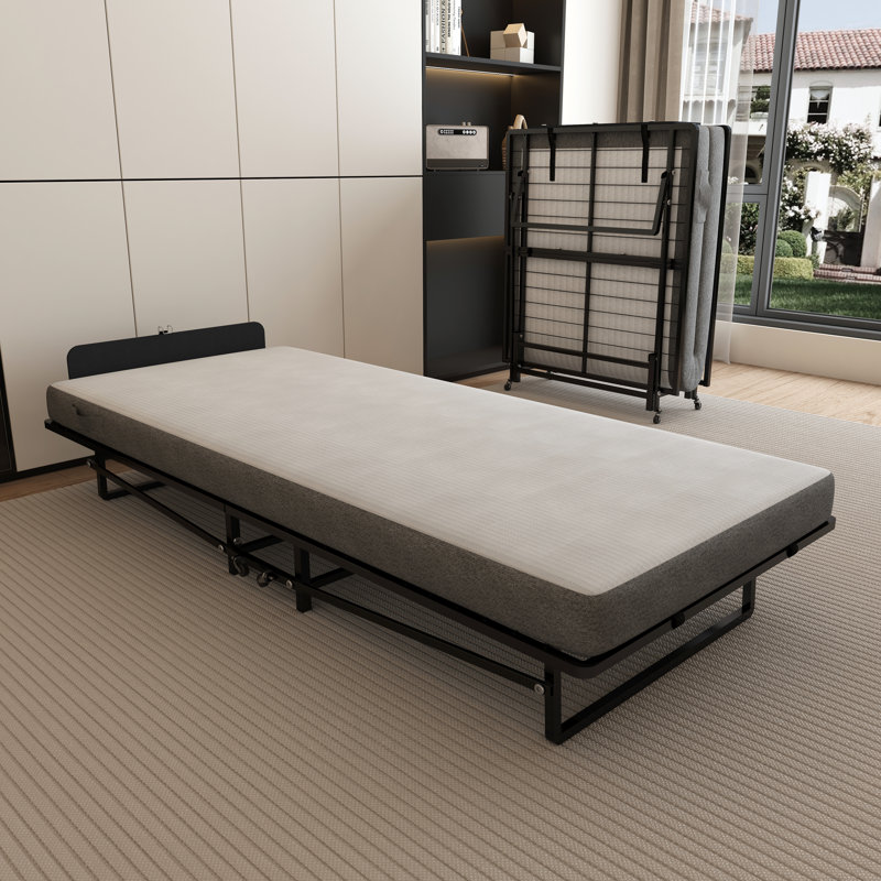 Structure de lit pliante en métal avec matelas en mousse avec poches, rangement facile et mobile avec 4 roulettes